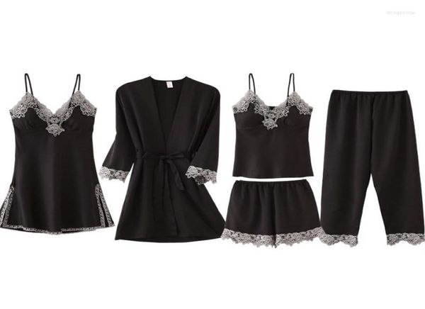 women039s sleepwear autumn spring 5 pieces set silk elegant women pajamas shorts sleeve elastic waist pants lounge with che6246167, Black;red
women039s sleepwear autumn spring 5 pieces set silk elegant women pajamas shorts sleeve elastic waist pants lounge with che6246167, Black;red