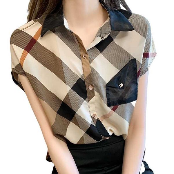 designer t shirt summer women shirts chiffon office blouses short sleeve polo-neck lattice ladies loose temperament fashion, White
designer t shirt summer women shirts chiffon office blouses short sleeve polo-neck lattice ladies loose temperament fashion, White