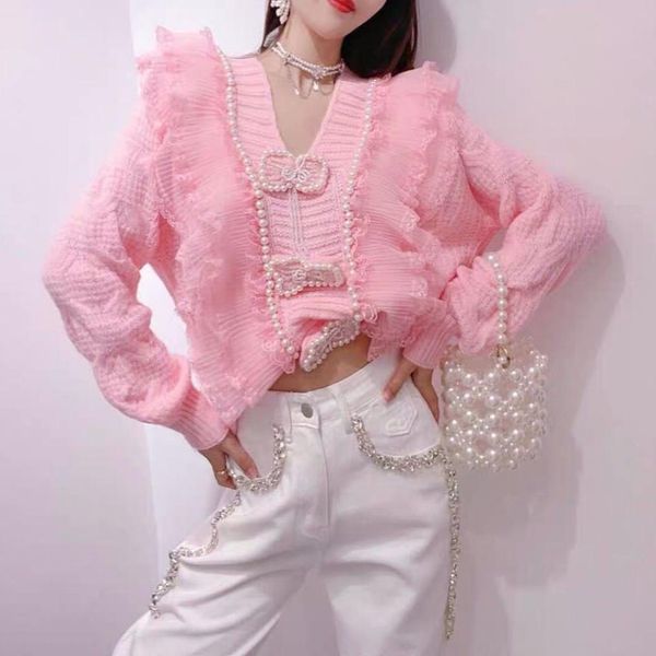 women sweater fashion patchwork lace ruffles knit cardigan korean beading pink 2022 autumn woman swaters pullover6689218, White;black
women sweater fashion patchwork lace ruffles knit cardigan korean beading pink 2022 autumn woman swaters pullover6689218, White;black