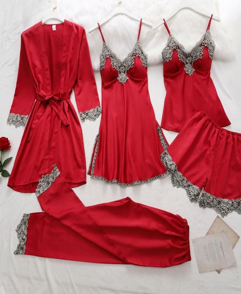 5pc silk robe sleep suit womens lace satin pajamas gown set vneck cami nighties wear pijama home nightwear spring nightdress4104200, Black;red
5pc silk robe sleep suit womens lace satin pajamas gown set vneck cami nighties wear pijama home nightwear spring nightdress4104200, Black;red