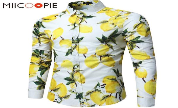 

2019 brand men hawaii shirts male casual lemon printed slim fit shirt cotton long sleeve dress shirt camisa masculina sxl ly191204343863, White;black