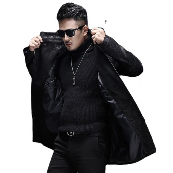 men's leather faux natural genuine clothes midlength motorcycle trench coat sheepskin printed jacket autumn and winter 230831, Black
men's leather faux natural genuine clothes midlength motorcycle trench coat sheepskin printed jacket autumn and winter 230831, Black