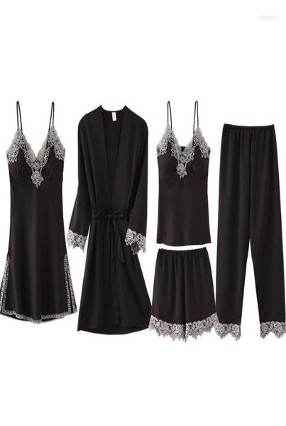 women039s sleepwear autumn spring 5 pieces set silk elegant women pajamas shorts sleeve elastic waist pants lounge with che3029393, Black;red
women039s sleepwear autumn spring 5 pieces set silk elegant women pajamas shorts sleeve elastic waist pants lounge with che3029393, Black;red