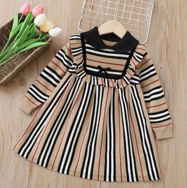 

Cute Baby Girls Striped Princess Dresses Spring Autumn Kids Knitted Dress Children Long Sleeve Dresses 2-7 Years, As picture