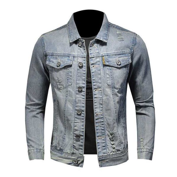 light blue distressed trendy casual minimalist denim jacket h0681, Black;brown
light blue distressed trendy casual minimalist denim jacket h0681, Black;brown