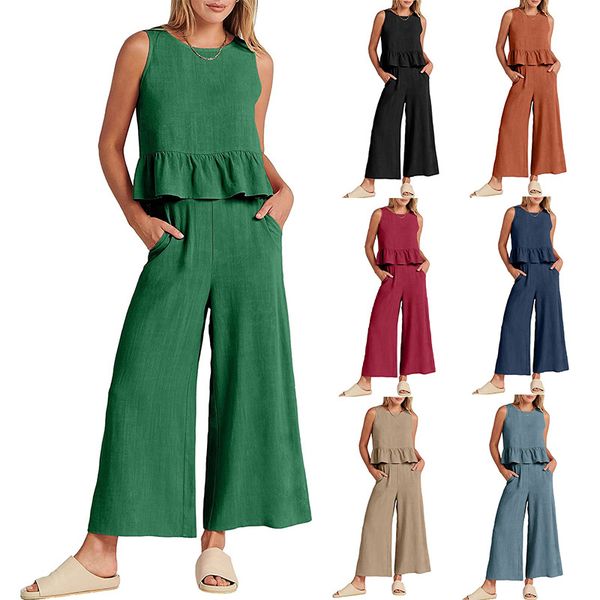 2023 summer new casual women's clothing sleeveless pleated tank wide leg crop pants set, White
2023 summer new casual women's clothing sleeveless pleated tank wide leg crop pants set, White