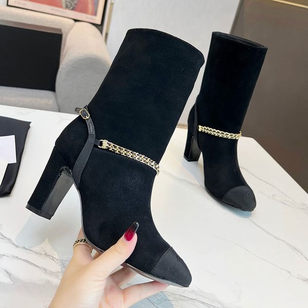 womens ankle boots chunky heels 8cm designer calfskin suede with chain slip on knight western motorcycle snow boot ladies classic black casu