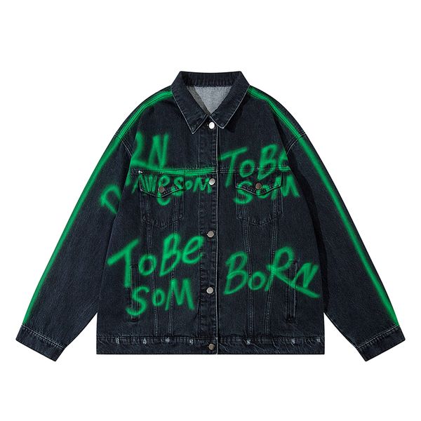 green letter painted patchwork baggy jacket for men washed streetwear denim coat oversized jackets, Black;brown
green letter painted patchwork baggy jacket for men washed streetwear denim coat oversized jackets, Black;brown