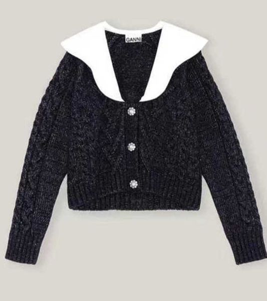 womens designer ganni 23 knit sweater doll neck sky blue large polo button wool knit cardigan pullover sweater, White;black
womens designer ganni 23 knit sweater doll neck sky blue large polo button wool knit cardigan pullover sweater, White;black