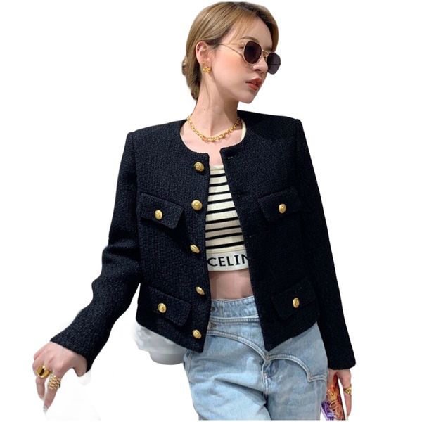 new european fashion women's o-neck long sleeve single breasted tweed woolen gold buttons jacket coat s m l403, Black;brown
new european fashion women's o-neck long sleeve single breasted tweed woolen gold buttons jacket coat s m l403, Black;brown
