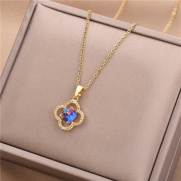 

Designer Four-leaf clover Necklace Luxury Top Korean ocean Heart female clover blue crystal pendant 18K Gold titanium steel chain Van Clee Accessories Jewelry gift