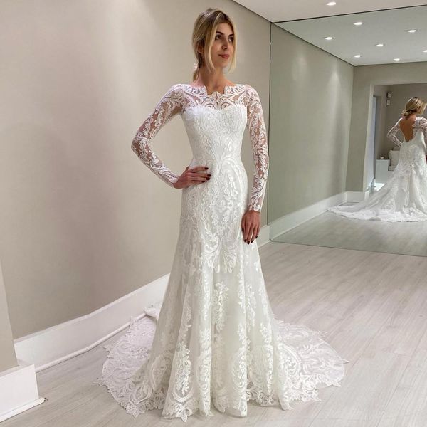 gorgeous backless mermaid wedding dresses lace long sleeves bridal gown sheer bateau neck sweep train bohemian robe de mariee, White
gorgeous backless mermaid wedding dresses lace long sleeves bridal gown sheer bateau neck sweep train bohemian robe de mariee, White