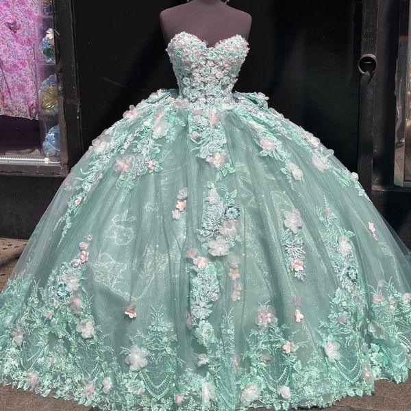 sage green shiny ball gown quinceanera dresses lace appliques 3dflower sweet16 dress birthday party vestidos de 15 anos, Blue;red 
sage green shiny ball gown quinceanera dresses lace appliques 3dflower sweet16 dress birthday party vestidos de 15 anos, Blue;red
