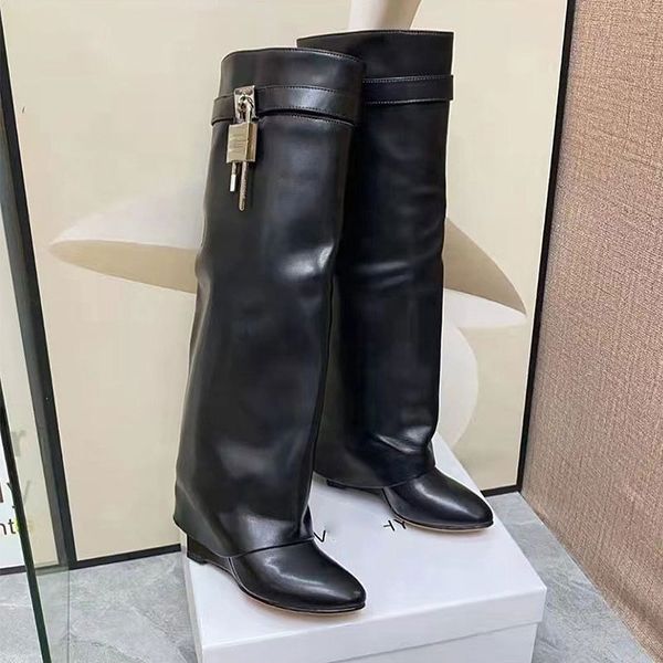 design shark lock boots genuine leather knee boots fold leather blet handmade shoes high heel wedges bootas for girls shoes, Black
design shark lock boots genuine leather knee boots fold leather blet handmade shoes high heel wedges bootas for girls shoes, Black