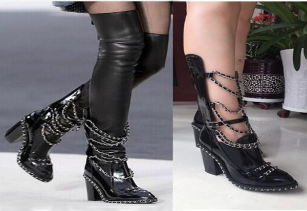 new luxury chain cross stretch black leather thigh high boots block heels platform runway shoes women removable shaft ankle long 1953396
new luxury chain cross stretch black leather thigh high boots block heels platform runway shoes women removable shaft ankle long 1953396