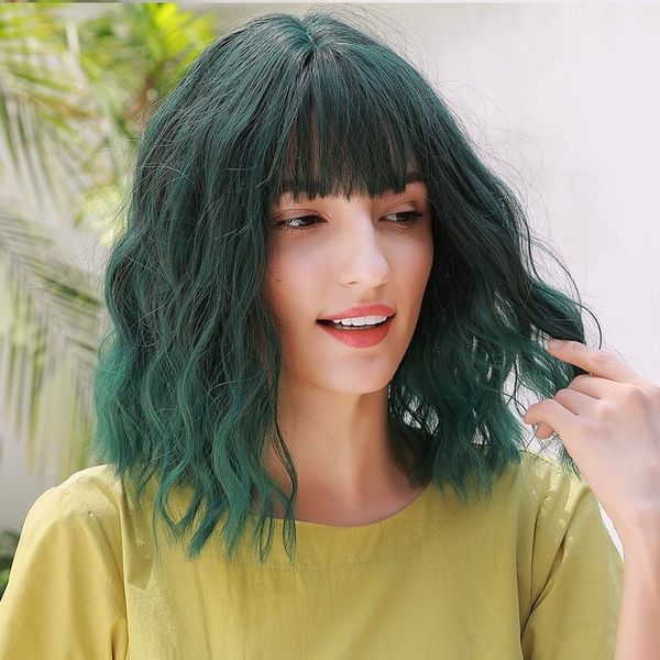 ombre green wig shoulder length water wave synthetic wig with bangs heat resistant hair wig cosplay halloween dress party wigs, Black
ombre green wig shoulder length water wave synthetic wig with bangs heat resistant hair wig cosplay halloween dress party wigs, Black