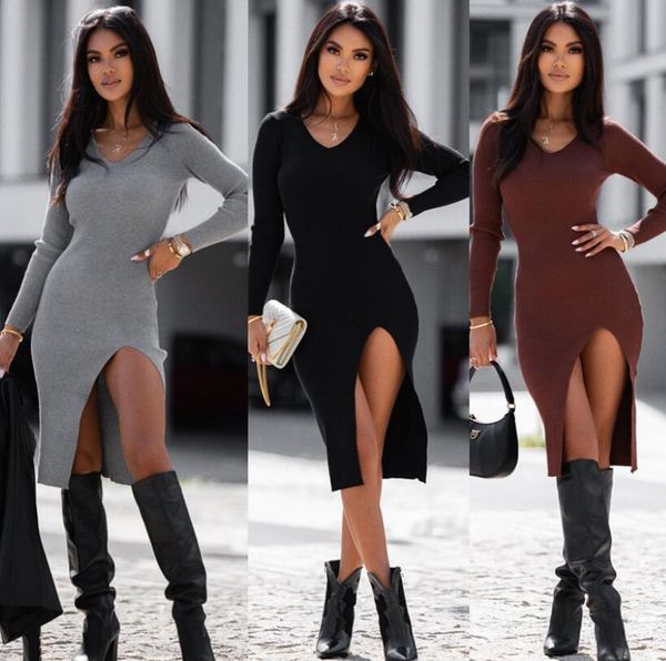 women's casual dresses 2023 autumn new women's v-neck solid long sleeve split casual mid length slim fit dress, Black;gray 
women's casual dresses 2023 autumn new women's v-neck solid long sleeve split casual mid length slim fit dress, Black;gray