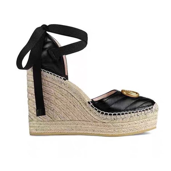leather metal buckle decoration wedges sandals platform pumps heels circular toe ankle strap 9.5cm linen embroidered women's luxury des, Black
leather metal buckle decoration wedges sandals platform pumps heels circular toe ankle strap 9.5cm linen embroidered women's luxury des, Black