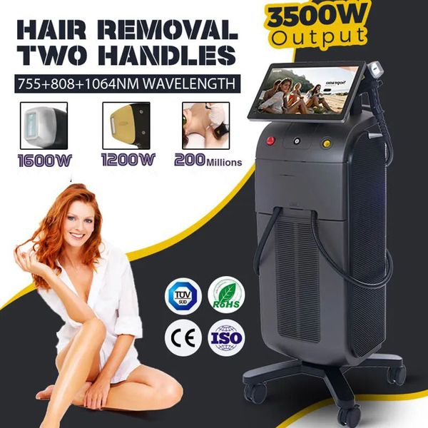 

professional hair remover 755nm 808nm 1064nm diode laser painless depilation for whole body vertical skin improvement 2 handles machine, Black