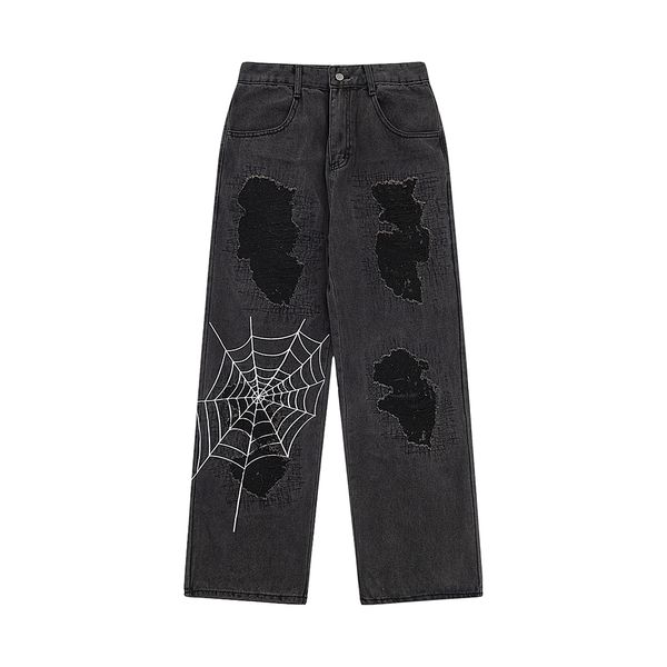 frayed embroidery baggy jeans pants casual denim trousers oversized, Blue 
frayed embroidery baggy jeans pants casual denim trousers oversized, Blue