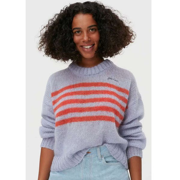 23 women's purple stripe ganni pullover sweater letter embroidery mohair wool sweaters women's sweater, White;black
23 women's purple stripe ganni pullover sweater letter embroidery mohair wool sweaters women's sweater, White;black