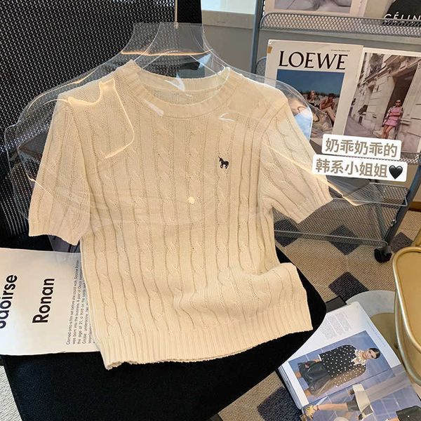 designer college style embroidery fried dough twists knitting short sleeve female summer design round neck soft waxy slim sweater, White;black
designer college style embroidery fried dough twists knitting short sleeve female summer design round neck soft waxy slim sweater, White;black