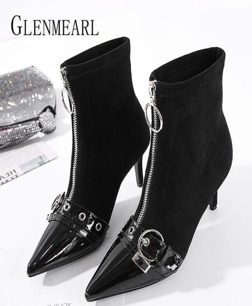 women ankle boots pointed patent leather stitching high heel short boots front zipper cool metal decorative motorcycle fashion6894755, Black
women ankle boots pointed patent leather stitching high heel short boots front zipper cool metal decorative motorcycle fashion6894755, Black