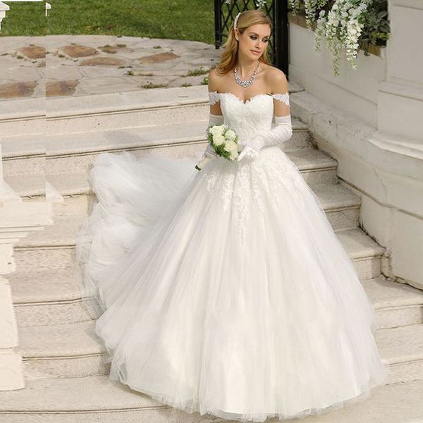 vintage off shoulder ball gown wedding dresses lace appliques button back bridal gown tulle sweep train church robe de mariage, White
vintage off shoulder ball gown wedding dresses lace appliques button back bridal gown tulle sweep train church robe de mariage, White