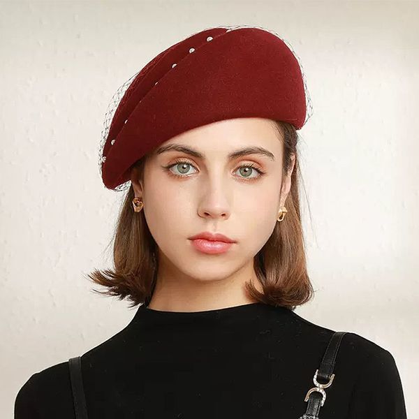 berets french style women beret ladies wool felt fascinator hat veil pearls trimmed tam casque cocktail wedding church fedora 230905, Blue;gray
berets french style women beret ladies wool felt fascinator hat veil pearls trimmed tam casque cocktail wedding church fedora 230905, Blue;gray