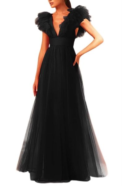 long sweety formal evening dresses prom party gowns backless ruffles deep v-neck tulle a-line plus size e07, Black;red
long sweety formal evening dresses prom party gowns backless ruffles deep v-neck tulle a-line plus size e07, Black;red