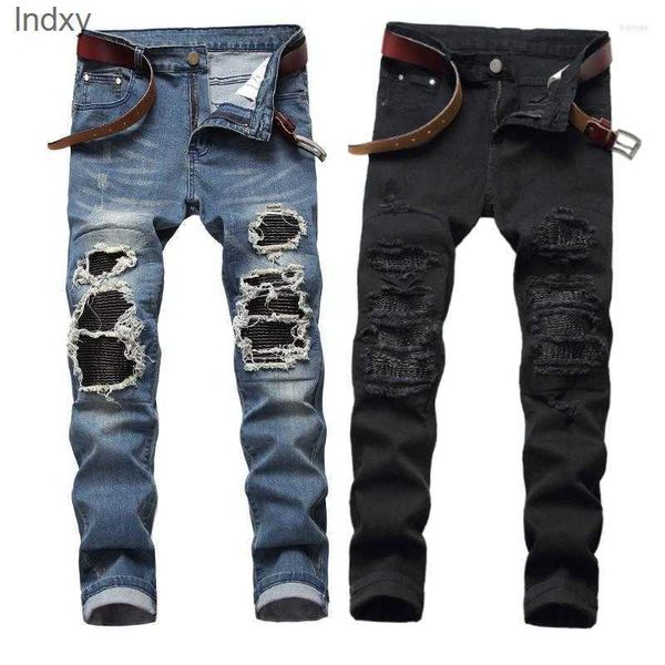 men's jeans high street ripped skinny men black stretch patch leather denim trousers blue slim pencil pants men's2480
men's jeans high street ripped skinny men black stretch patch leather denim trousers blue slim pencil pants men's2480