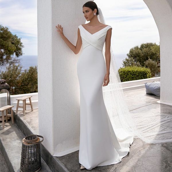 elegant long crepe v-neck wedding dresses sleeveless mermaid ivory buttons back vestidos de novia abendkleider bridal gowns with pleats for, White
elegant long crepe v-neck wedding dresses sleeveless mermaid ivory buttons back vestidos de novia abendkleider bridal gowns with pleats for, White