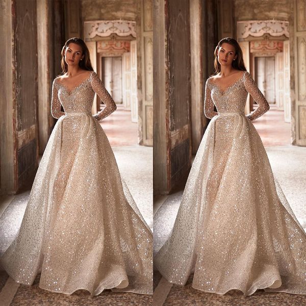 sparkling sequined wedding dress with detachable train v neck long sleeve custom made backless bridal gowns vestido de novia, White
sparkling sequined wedding dress with detachable train v neck long sleeve custom made backless bridal gowns vestido de novia, White