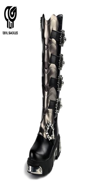 punk rock men039s boots leather black silver metal buckles zippers knee shoes men halloween party shoes 2011277579808
