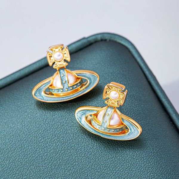 

Designer earrings vivi Luxury top New High Edition Sky Blue Drop Oil Pearl Saturn Earrings fashion Accessories Jewelry Valentine's Day romantic gift high quality