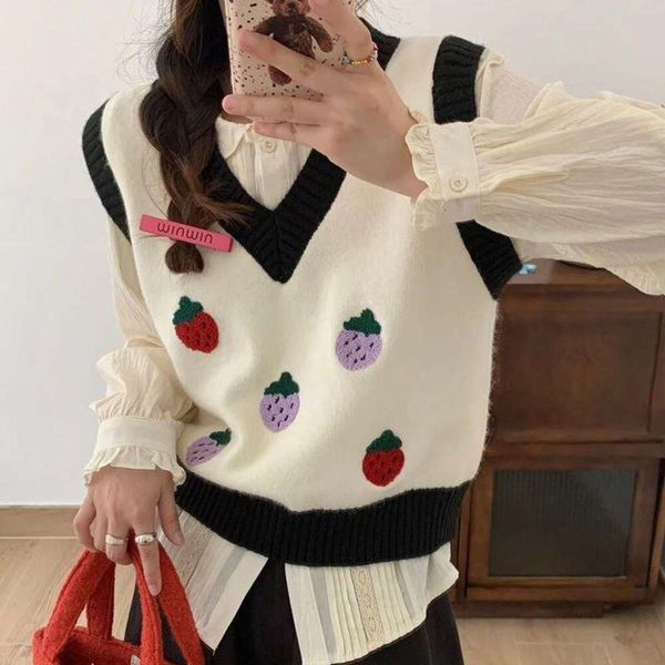 autumn and winter short strawberry embroidered knitted vest female preppy style loose sweater top, Black;white
autumn and winter short strawberry embroidered knitted vest female preppy style loose sweater top, Black;white