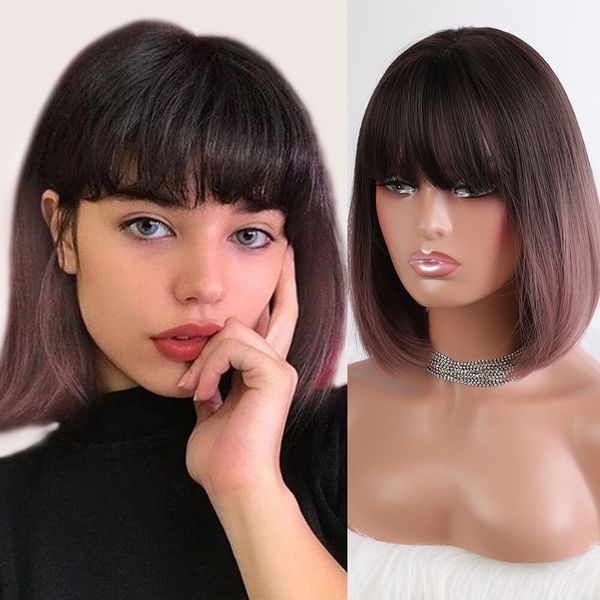 browm to pink bob wigs chin length straight with bangs no parting hair replacement synthetic women full wig daily wear for women, Black
browm to pink bob wigs chin length straight with bangs no parting hair replacement synthetic women full wig daily wear for women, Black