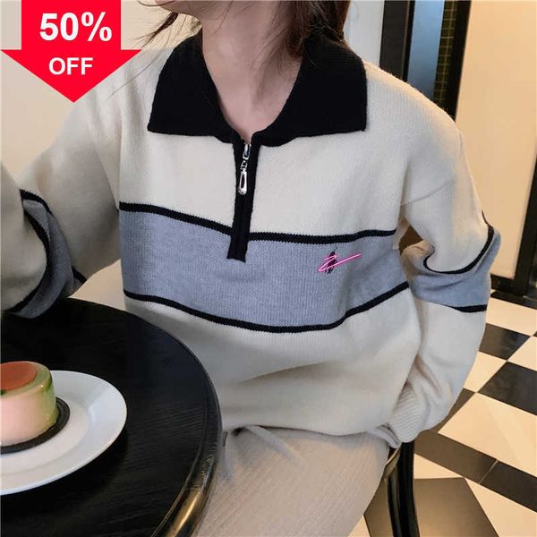 korean polo neck stripe casual loose knit women's american long sleeved zipper pullover sweater 2 colors, White;black
korean polo neck stripe casual loose knit women's american long sleeved zipper pullover sweater 2 colors, White;black