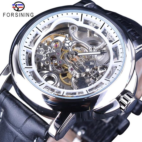 

forsining watch waterproof gear movement transparent genuine leather mens clock skeleton mechanical automatic watches brand lu201d, Slivery;brown