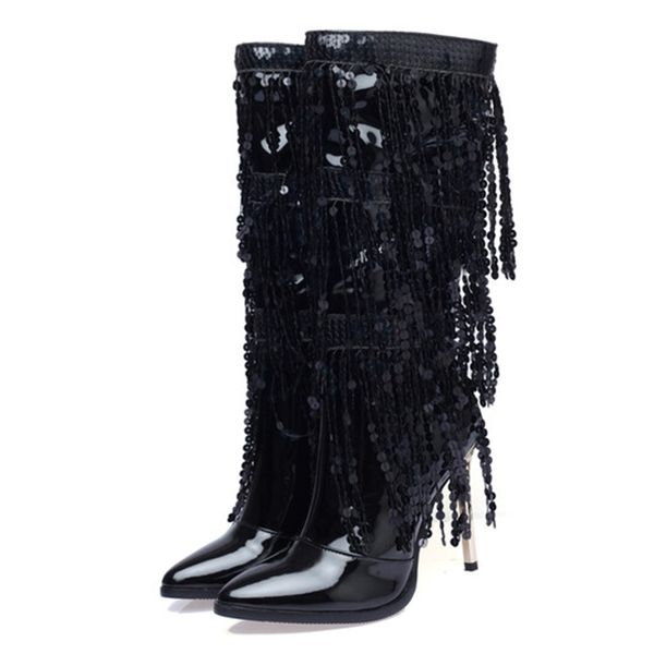 fashion pointed toe fringe sequined mid calf boots for women zip metallic glitter elegant dress long shoes for girls party shoes, Black
fashion pointed toe fringe sequined mid calf boots for women zip metallic glitter elegant dress long shoes for girls party shoes, Black