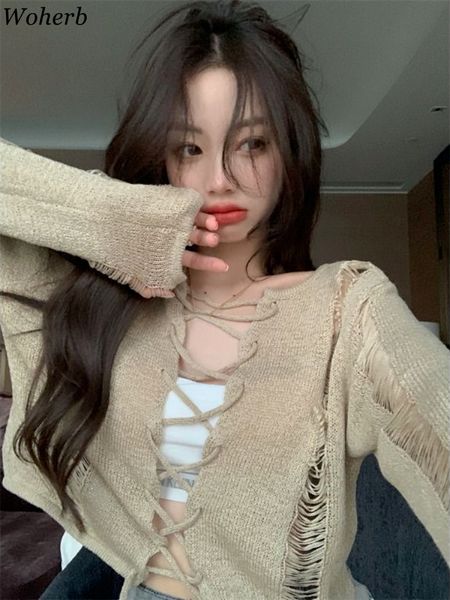 Women's Sweaters Woherb Y2K Holes Knitted Cardigans Solid Retro Harajuku Cute cropped Jumpers Women Full Sleeve Lace Up Outwear Autumn Grunge