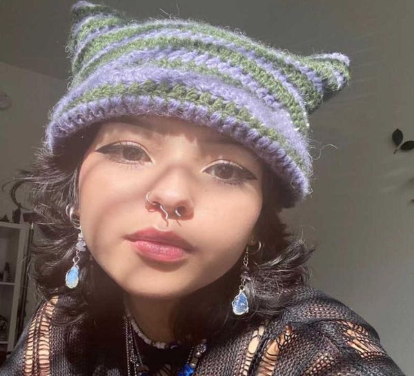 beanieskull caps japanese little devil striped knitted wool hat female cat ears cute pointed cap pullover caps warm brimmed skull6232567, Blue;gray
beanieskull caps japanese little devil striped knitted wool hat female cat ears cute pointed cap pullover caps warm brimmed skull6232567, Blue;gray