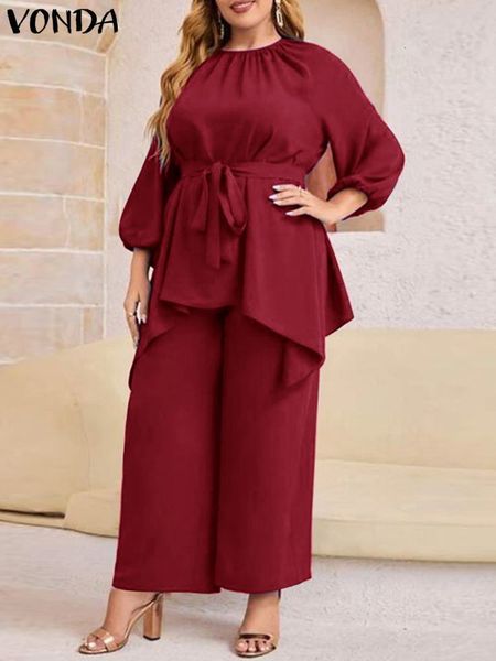 women's plus size tracksuits 5xl vonda women pant sets 2023 summer asymmetrical belted elastic waist long pants casual solid loose eleg, Black
women's plus size tracksuits 5xl vonda women pant sets 2023 summer asymmetrical belted elastic waist long pants casual solid loose eleg, Black