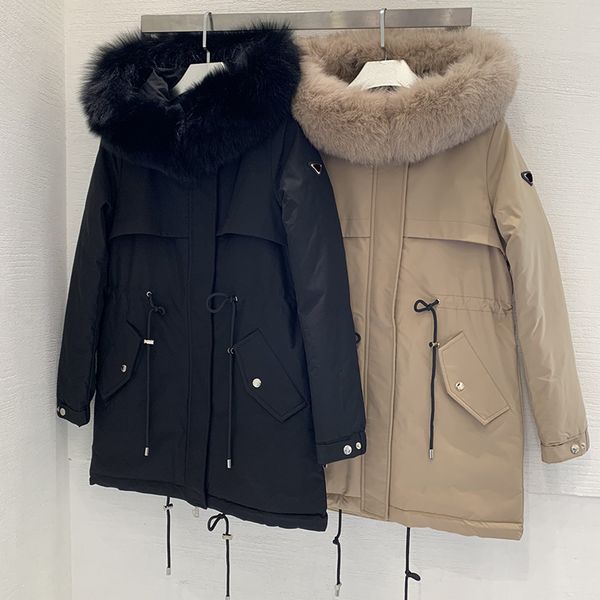 designer womens winter jacket inverted triangle badge medium length detachable fox fur collar waistband slim fit thickened and warm jackets, Black
designer womens winter jacket inverted triangle badge medium length detachable fox fur collar waistband slim fit thickened and warm jackets, Black