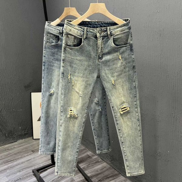 summer men's washed and torn 9-point jeans men's trendy slim fit leggings thin elastic personalized men's pants, Blue
summer men's washed and torn 9-point jeans men's trendy slim fit leggings thin elastic personalized men's pants, Blue