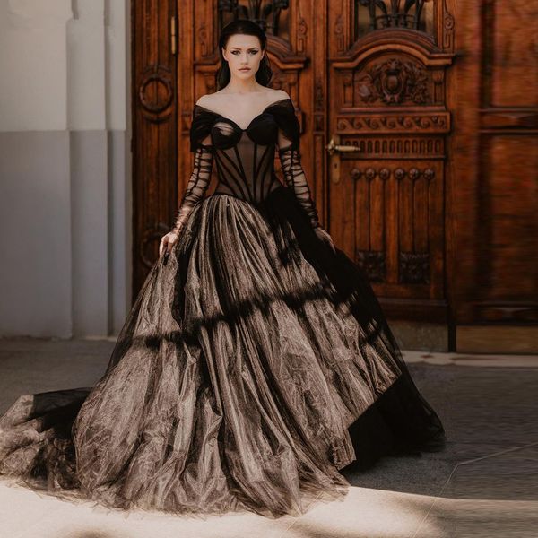 black gothic halloween wedding dresses off shoulder illusion long sleeve boning bustle lace-up corset boho bridal gown, White
black gothic halloween wedding dresses off shoulder illusion long sleeve boning bustle lace-up corset boho bridal gown, White