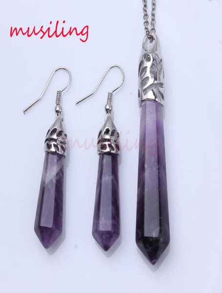 pendant necklace earrings jewelry set hexagon prism gem stone pendants earrings amethyst lapis lazuli etc accessories charms jewel7654307, Silver