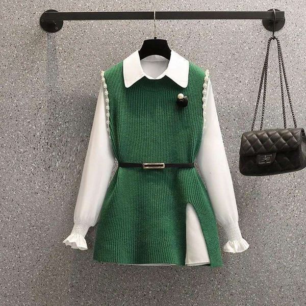 spring and womens vests autumn style flare sleeves lapel shirt belt knitted vest two piece set korean fashion suit, Black;white
spring and womens vests autumn style flare sleeves lapel shirt belt knitted vest two piece set korean fashion suit, Black;white