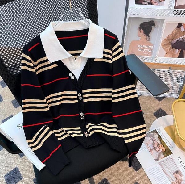 women's sweaters 2023 autumn new polo collar long sleeve striped women's cardigan knitwear fashion women's sweater coat, White;black
women's sweaters 2023 autumn new polo collar long sleeve striped women's cardigan knitwear fashion women's sweater coat, White;black