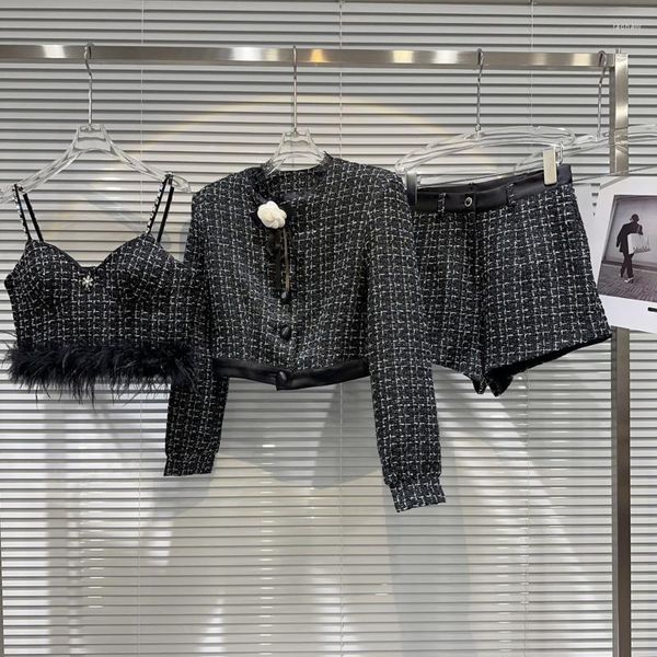 women's tracksuits prepomp 223 autumn arrival feathers camisole floral pin plaid jacket slim shorts three piece set outfits women645, Gray
women's tracksuits prepomp 223 autumn arrival feathers camisole floral pin plaid jacket slim shorts three piece set outfits women645, Gray